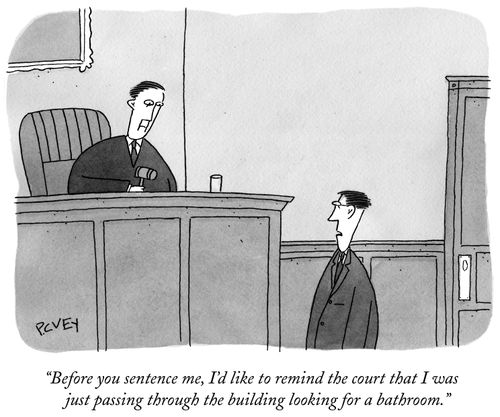 "Before you sentence me, I'd like to remind the court that I was just passing through the building looking for a bathroom."