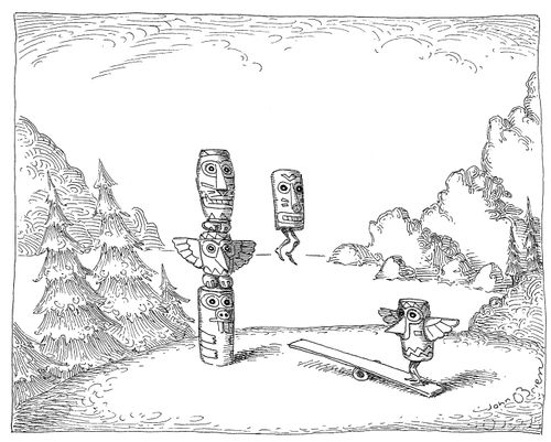 Pieces of a totem pole jump of a seesaw