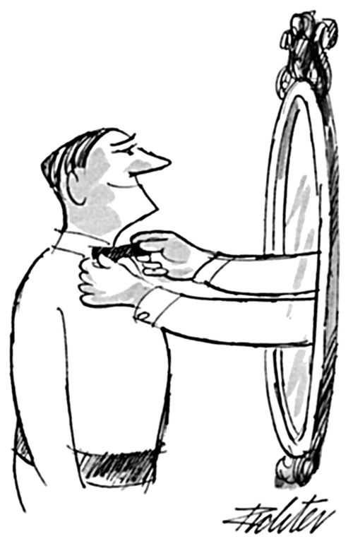 Arms reach through a mirror to straighten a man's bow tie.