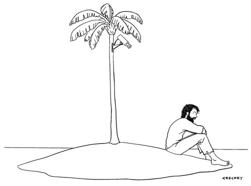 A man sits alone on a desert island being monitored by a CCTV camera