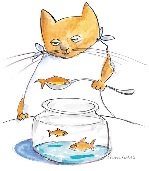 Cat eating fish from fishbowl.