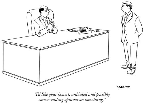 "I'd like your honest, unbiased and possibly career-ending opinion on something."