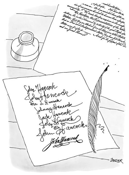 John Hancock practices his signature