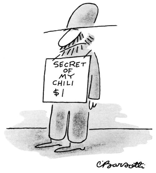 A man with a sign that reads "Secret of my chili $1".