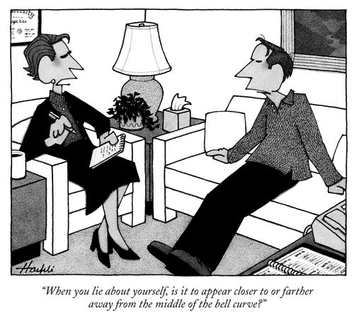 "When you lie about yourself, is it to appear closer to or farther away from the middle of the bell curve?"