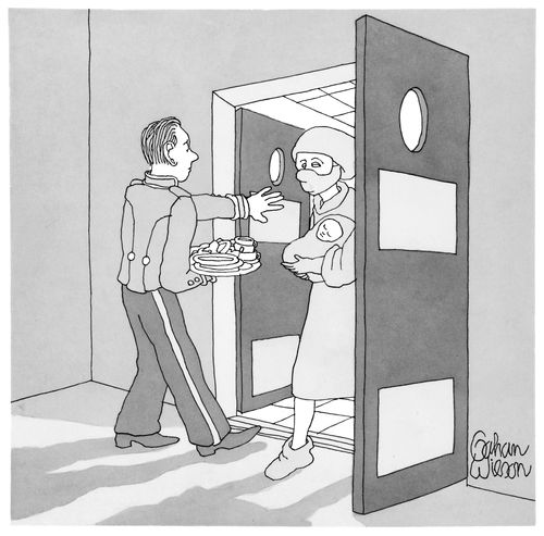 A midwife and a waiter pass through a set of double doors.