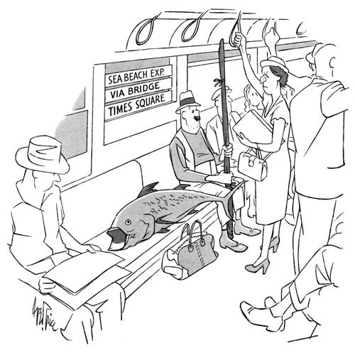 A fisherman rides the subway back with his catch.