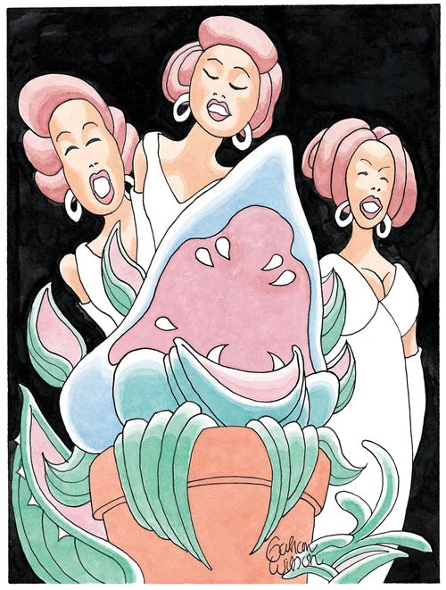 Three women singing behind a man-eating plant.