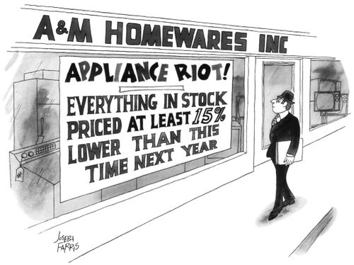 A man walks past a homewares store that has a large sign in the window that reads "Appliance Riot! - Everything in stock priced at least 15% lower than this time next year".