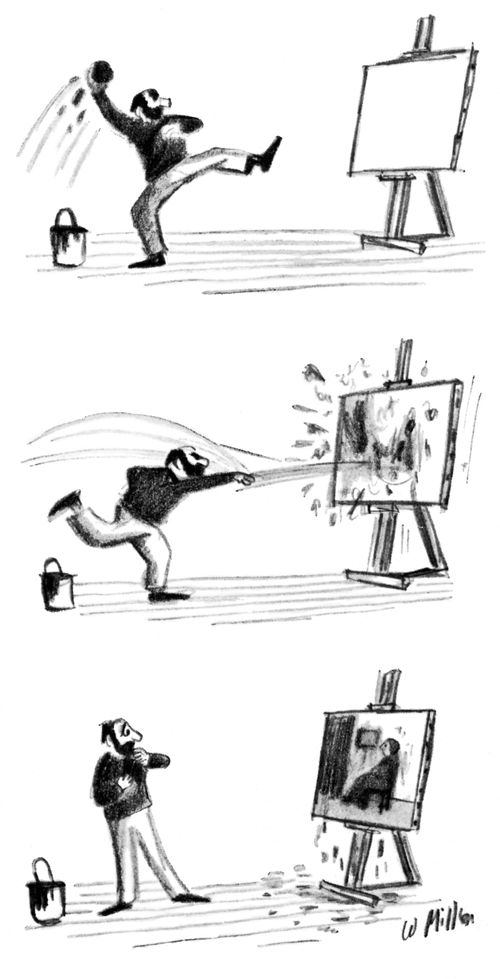 Artist throws paint at a canvas and is amazed to find that the result is the "Whistler's Mother" painting.