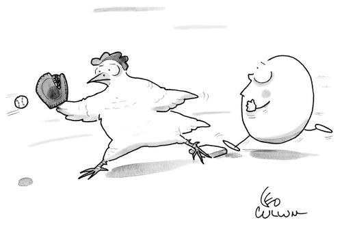 Chicken and Egg playing baseball.