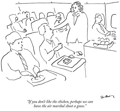 "If you don't like the chicken, perhaps we can have the air marshal shoot a goose."