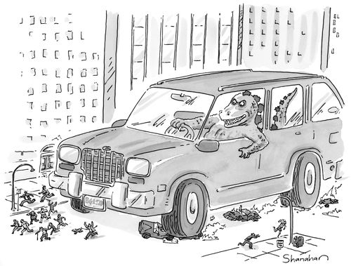 A giant dinosaur  in a car runs over pedestrians 