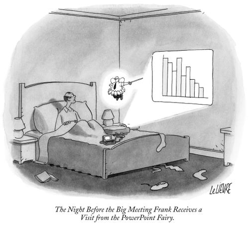 The night before the big meeting Frank receives a visit from the PowerPoint Fairy