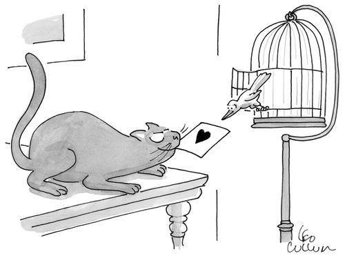Cat gives bird Valentine's Card.