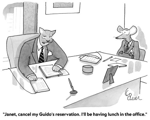 "Janet, cancel my Guido's reservation. I'll be having lunch in the office."