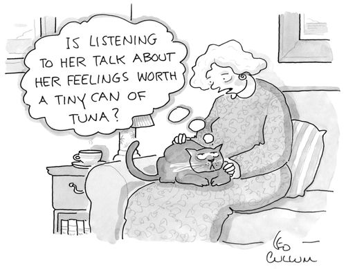 "Is listening to her talk about her feelings worth a tiny can of tuna?"