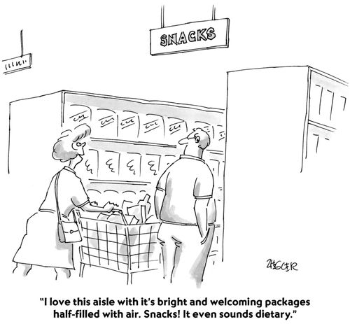 "I love this aisle with it's bright and welcoming packages half-filled with air. Snacks! It even sounds dietary."