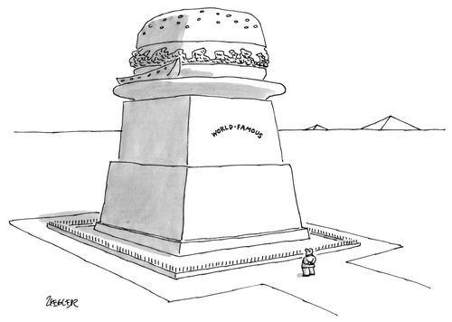 A statue of a hamburger whose inscription reads "World-famous".