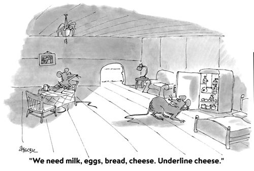 "We need milk, eggs, bread, cheese. Underline cheese."