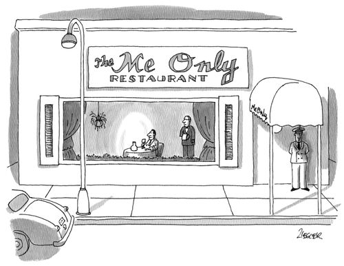 A single man can be seen through the front window of the "ME Only Restaurant".