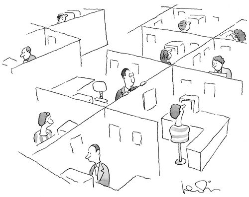 Mannequin in office cubicle.