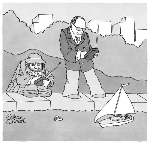 A wealthy man and a poor man sail model boats.