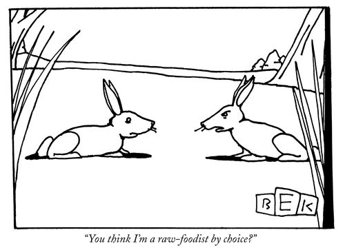 "You think I'm a raw-foodist by choice?"