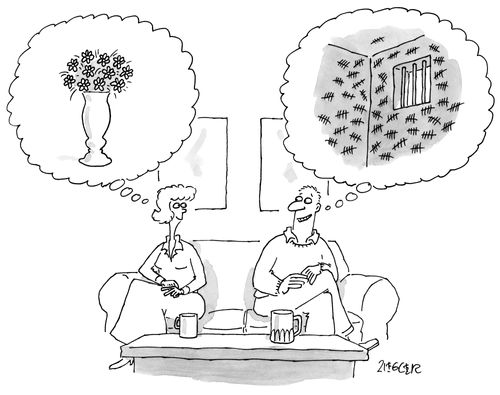 A woman thinks of flowers and a man thinks of a prison cell.