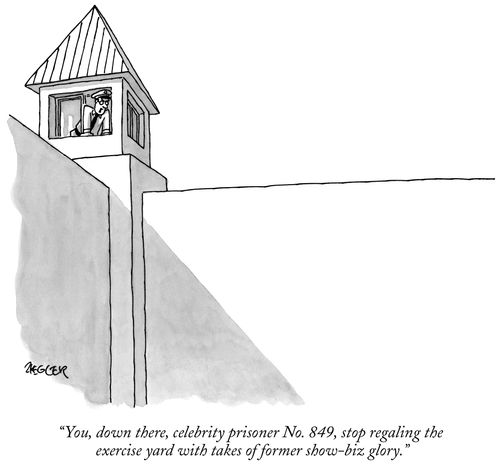 "You down there, celebrity prisoner No. 849, stop regaling the exercise yard with takes of former show-biz glory."