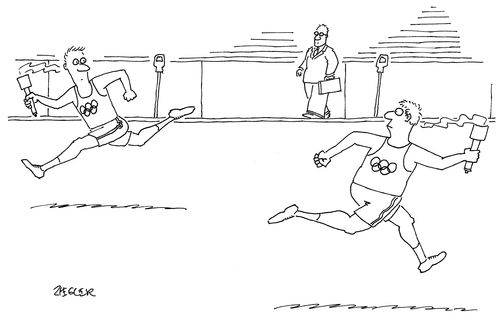 Two men holding Olympic torches run in opposite directions