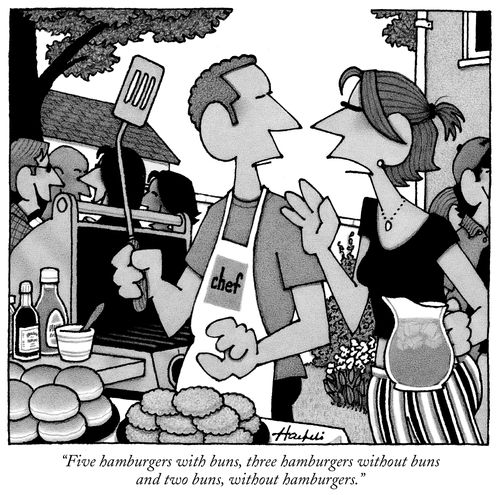 "Five hamburgers with buns, three hamburgers without buns and two buns, without hamburgers."
