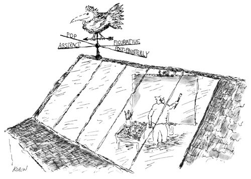A weather vane on top of an artist's studio points in directions that include: "pop", "abstract", "figurative" and "post-painterly".