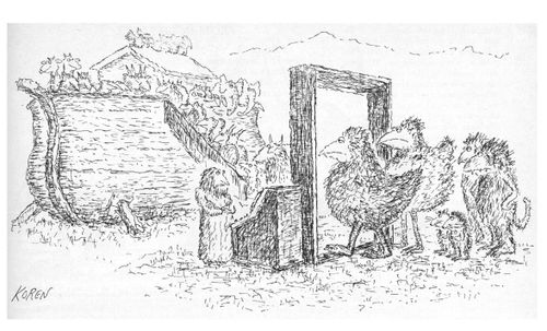 Animals going through security before boarding Noah's Ark.