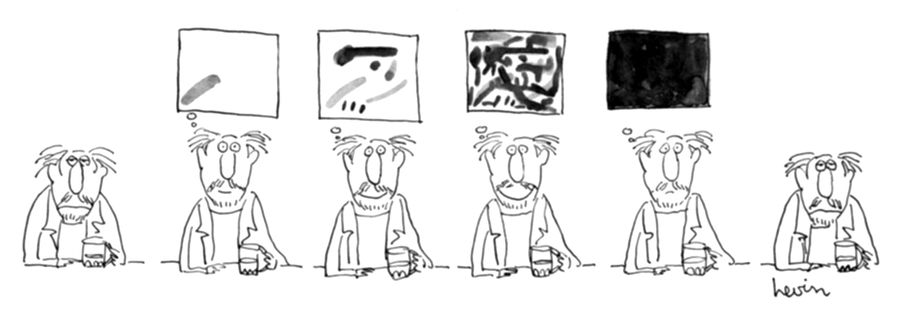 A depressed artist imagines a drawing, but it turns black.