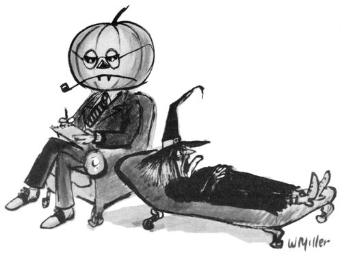 Therapist with a jack-o-lantern head talks to their patient who is a witch.