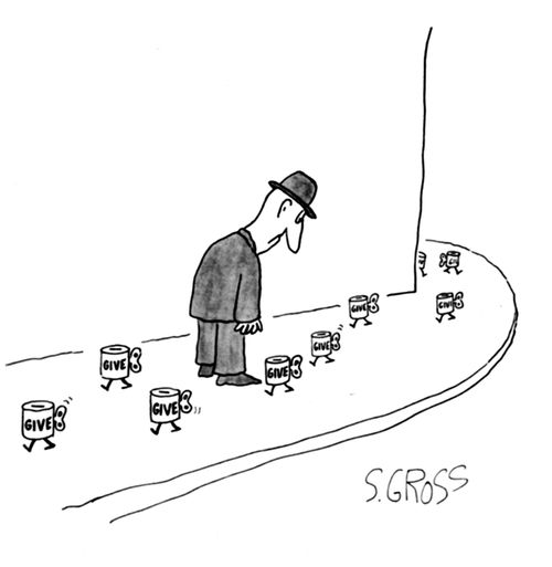 A series of wind-up tin cups walk past a man on the sidewalk.