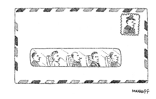Passengers in the window of an envelope are lead by a pilot in the stamp.