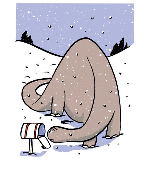 A dinosaur looks into a mailbox