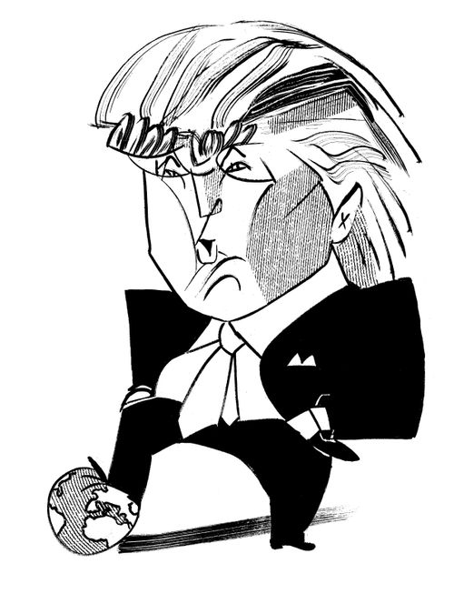 Donald Trump with his foot on a globe.