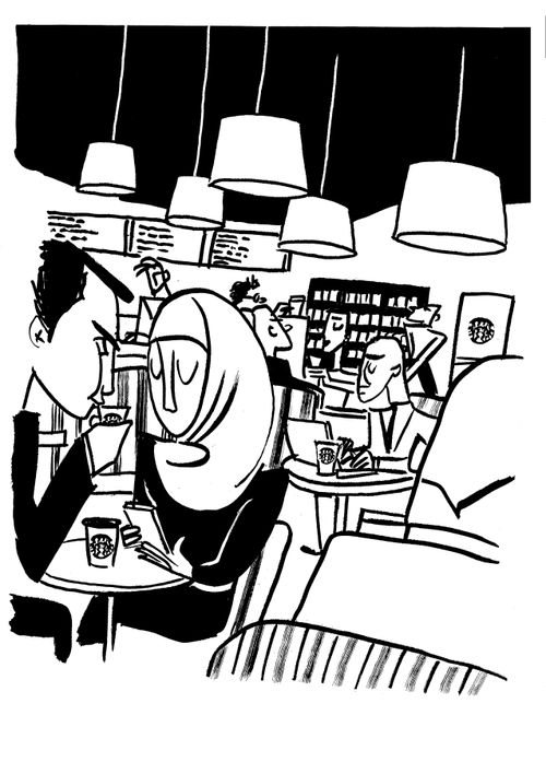 A group of people sit in a coffee shop.