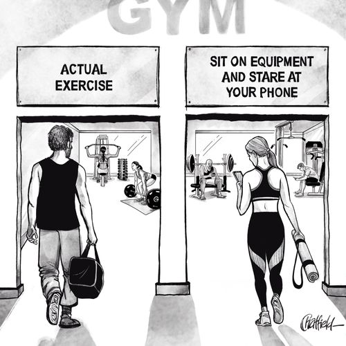 Two entrances to a gym; one reads "Actual Exercise" while the other reads "Sit on Equipment and Stare at your Phone."