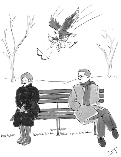 A Bird of Prey prevents Cupid firing his arrow.