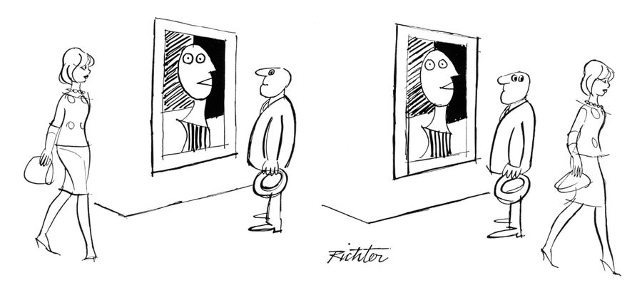 A woman passes by a man who's looking a modern painting of a face; as the woman passes, the man's eyes change into the ones from the painting.