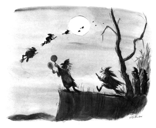 One witch acts as a ground crew for other witches who are taking off.