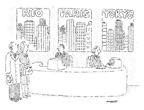 A couple looks at posters of Rio, Paris and Tokyo, all of which feature skyscrapers.