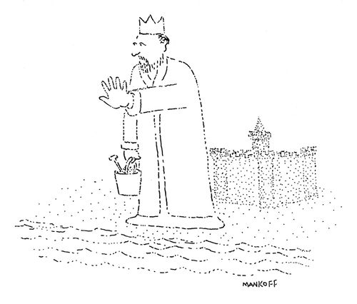 King Cnut attempts to stop the tide from coming in and destroying his sandcastle.
