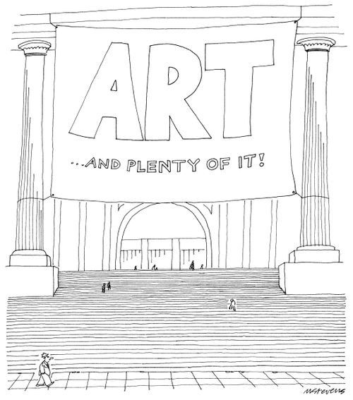 A sign that reads "ART...and plenty of it!" hangs above the entrance to a museum.