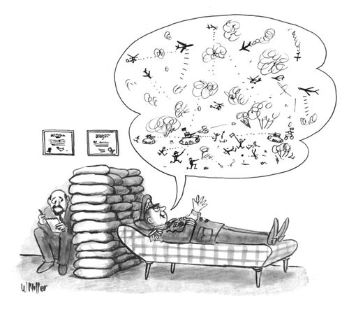 A military leader gleefully describes war to a cowering psychiatrist. 
