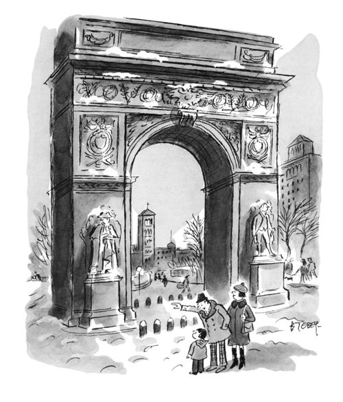 A family admire the Washington Square Arch.